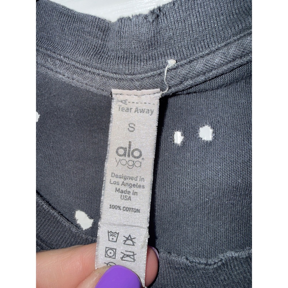 Alo Yoga Distressed Short Sleeve T-Shirt Charcoal Gray Cotton Hole Tee Small - Picture 3 of 5